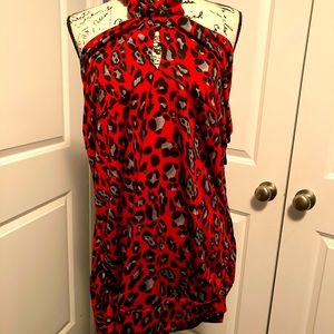 Red Leopard Tie Neck Top